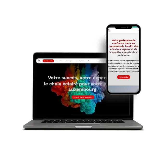 Maquette du site osirisaudit.lu sur ordinateur portable et sur smartphone : page d'accueil noire du cabinet d'audit Kreston Osiris Audit Luxembourg, réalisée par Elomab sur Odoo