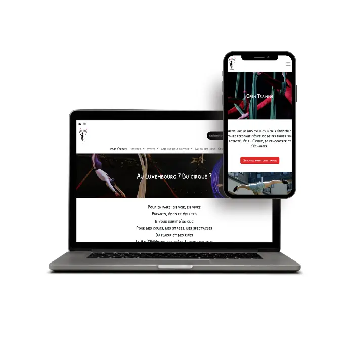 Maquette du site zaltimbanq.lu : page d'accueil bilingue de l'école de cirque luxembourgeoise Zaltimbanq' Zirkus, avec la page des entraînements libres, réalisée par Elomab sur Odoo