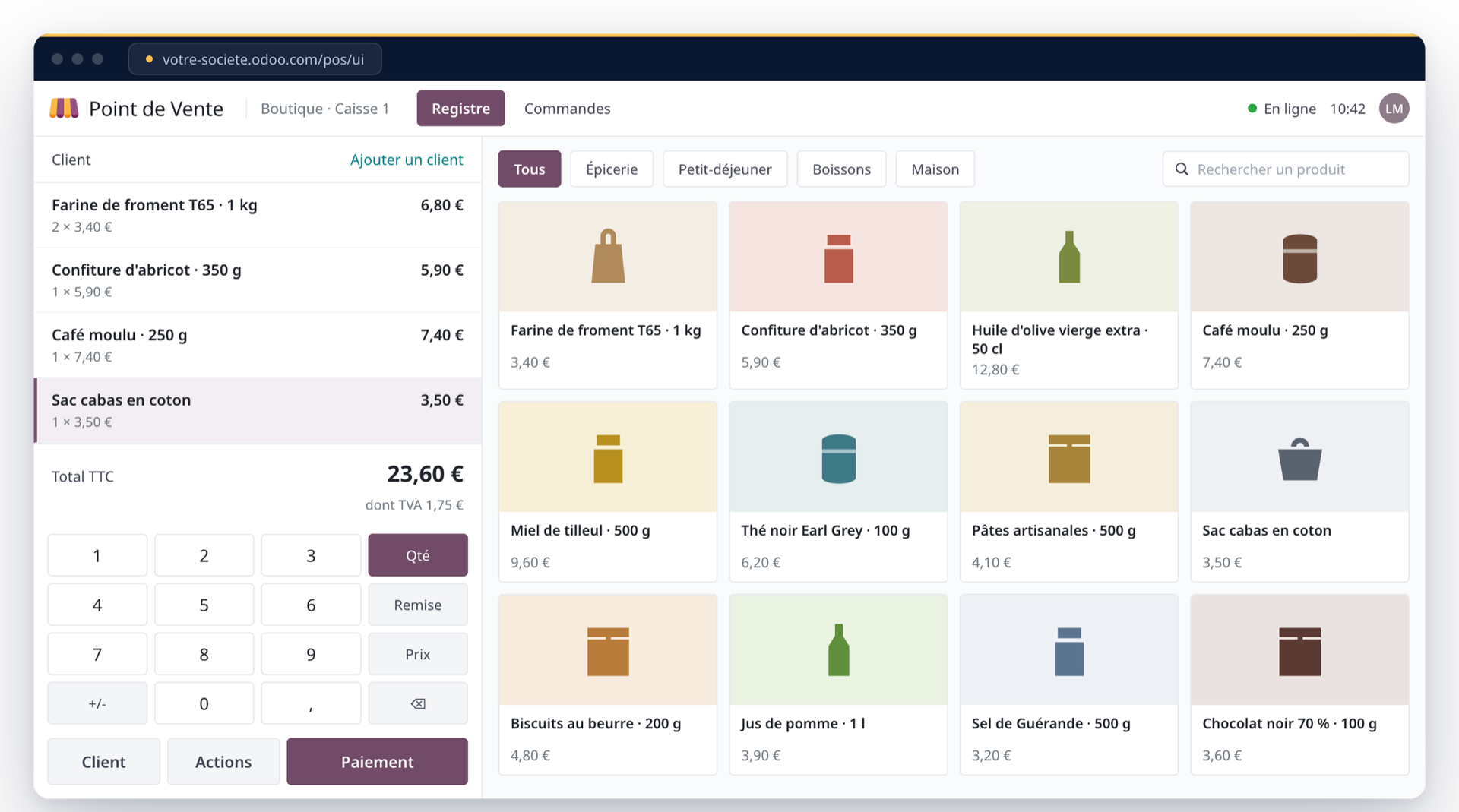 Écran de vente d'Odoo Point de Vente : ticket de quatre articles d'épicerie et pavé numérique à gauche, grille de douze produits avec leurs catégories à droite
