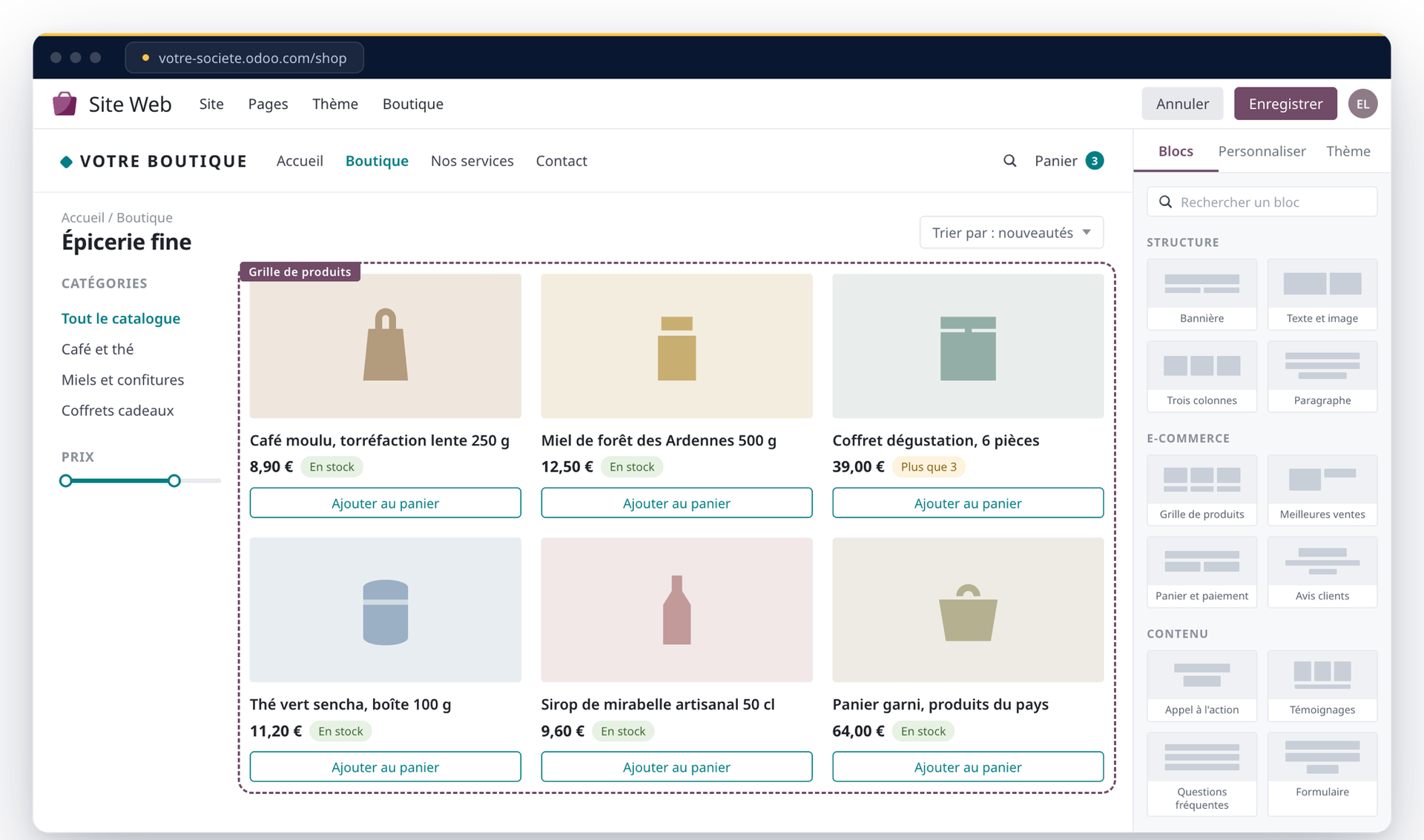 Boutique en ligne Odoo ouverte dans l'éditeur de site : grille de produits, filtres par catégorie et par prix, panier, disponibilité du stock sur chaque article, et le panneau de blocs qui permet au propriétaire de modifier la page lui-même