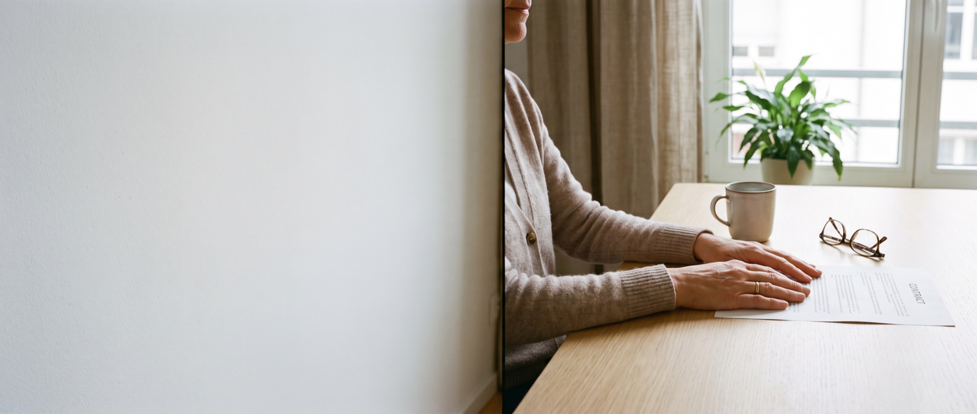 Deux mains posées à plat sur un contrat imprimé, sur un bureau en bois clair, des lunettes de lecture pliées à côté