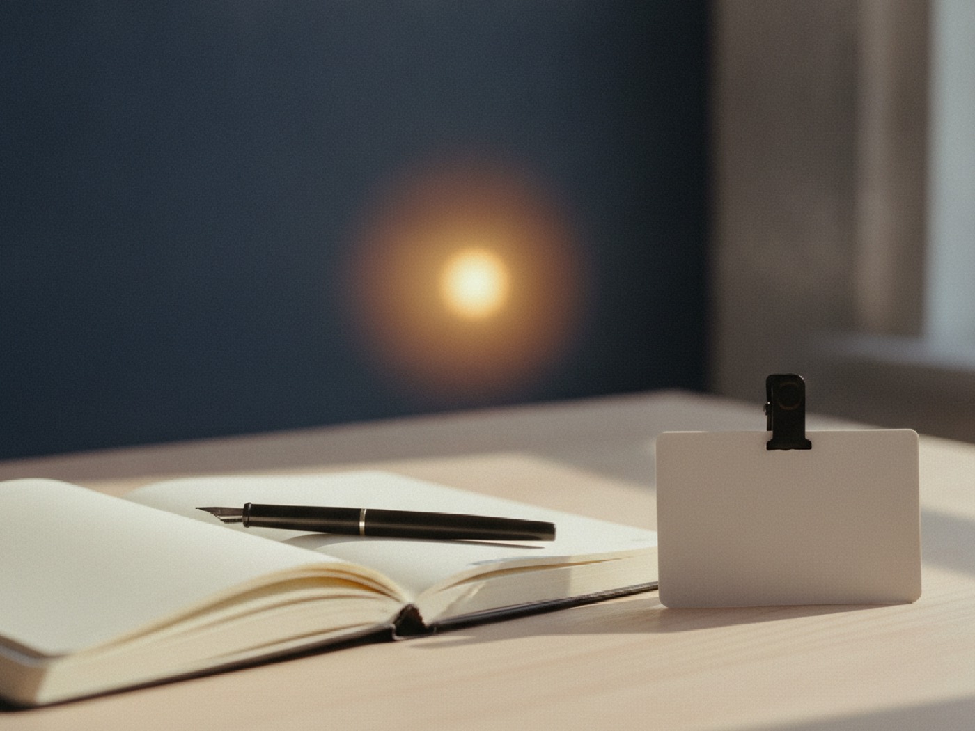 Carnet de notes ouvert sur une table en bois, à côté d'un stylo