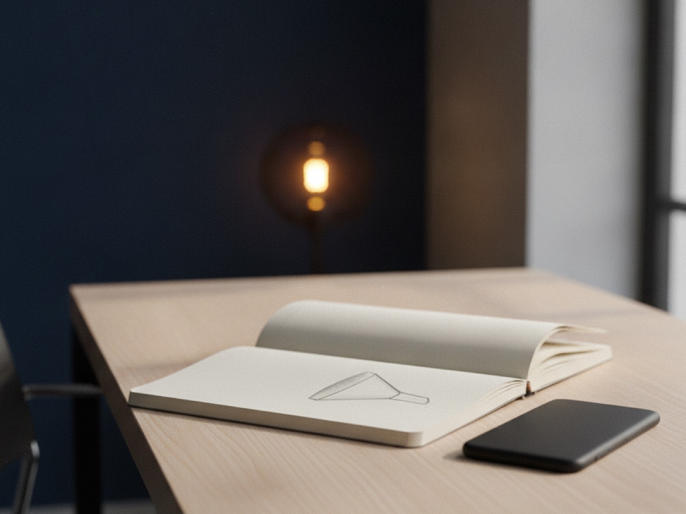 Carnet ouvert sur un croquis d'entonnoir de vente tracé au crayon, smartphone posé face contre table
